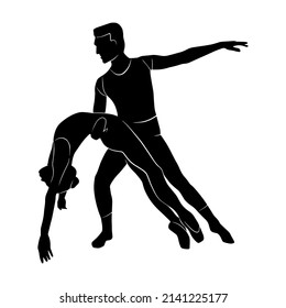 Vector illustration with ballet dancers couple. Young man and woman body shadow shape isolated on white background. Ballet studio logo design.