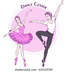 Vector illustration with ballet dancers on retro background. Design template for flyer, invitation, poster or greeting card. Illustration for studio dance