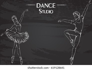 Vector illustration with ballet dancers stylized as chalk drawing on a blackboard. Design for a dance studio.