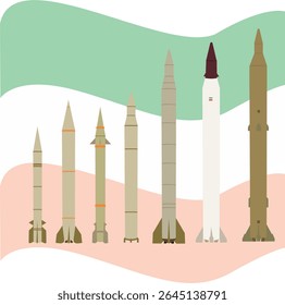 Vektorgrafik des Bildes ballistischer Raketen des Iran-Landes, verschiedene Größen iranischer Raketen