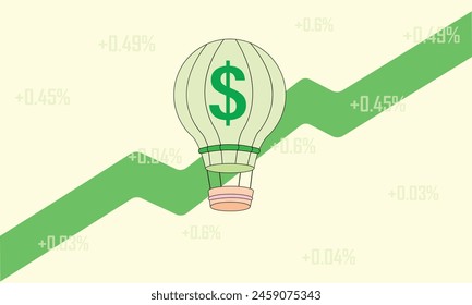 Vector illustration of a balloon adorned with a dollar logo, symbolizing the continuous increase in dollar value as it soars.