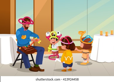 A Vector Illustration Of Balloon Artist Making Balloons In Front Of Kids