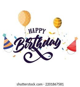 Vector illustration Balloon Birthday Celebration: Handwritten lettering composition of Happy Birthday on white background. Typography design. Greetings card