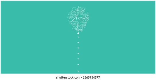 Vector illustration of balloon from calligraphic "AMOUR"- mean LOVE, written in French, on turquoise background for wedding design, Valentine`s Day cards, greetings, invitations, posters, prints, web.