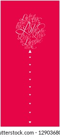 Vector illustration of balloon from calligraphic "love" on red background for birthday party invitations, Valentine`s Day cards, greetings, posters, prints, flyers, wedding design and decoration, web.