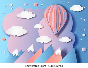 Vector illustration of a balloon flying over the mountains in minimal style. Paper cut.