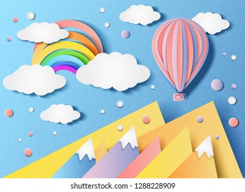 Vector illustration of a balloon flying in the sky and a rainbow over the landscape. In the style of cut paper.