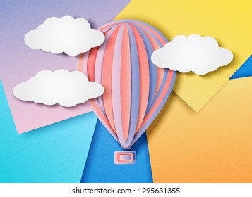 Vector illustration of a balloon flying in the sky among the clouds on an abstract bright multi-colored background in the style of cut paper.