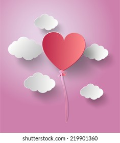 Vektorillustration-Illustration Ballon-Herz fliegen auf dem Himmel mit SonnenuntergangPapier Art-Stil