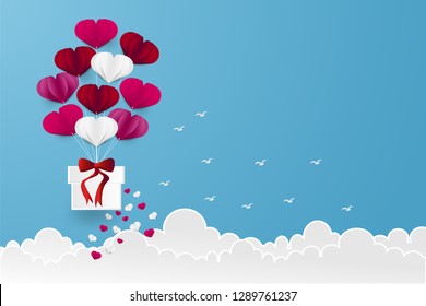 Vector illustration of balloon heart shape hang the gift box float on the sky.paper art and digital craft style for valentine day,