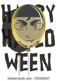 Vector illustration of a balloon with a vampire. Happy Halloween postcard. Dracula character on white backgound