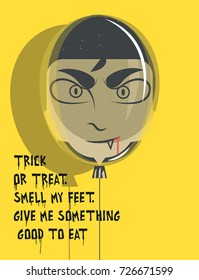Vector illustration of a balloon with a vampire on yellow background. Happy Halloween postcard. Dracula character with lettering