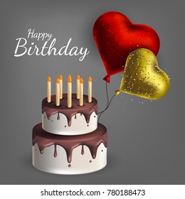 Vector illustration with balloons and cake in the shape of heart. Background for postcards, posters.