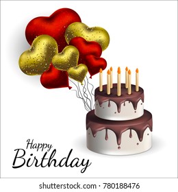 Vector illustration with balloons and cake in the shape of heart. Background for postcards, posters.