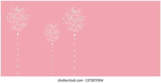 Vector illustration of balloons from calligraphic "AMORE"-mean LOVE, written in Italian, on pale pink background for wedding design, Valentine`s Day cards, greetings, invitations, posters, prints, web