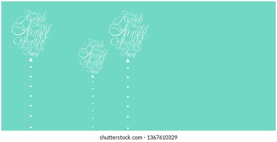 Vector illustration of balloons from calligraphic "AMOUR"- mean LOVE, written in French, on turquoise background for wedding design, Valentine`s Day cards, posters, greetings, invitations, prints, web