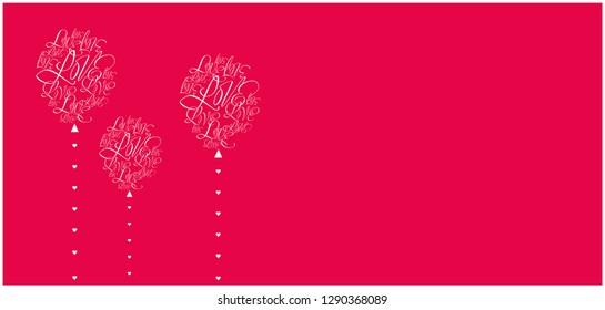 Vector illustration of balloons from calligraphic "love" on red background for Valentine`s Day cards, birthday party invitations, greetings, posters, flyers, prints, wedding design and decoration, web