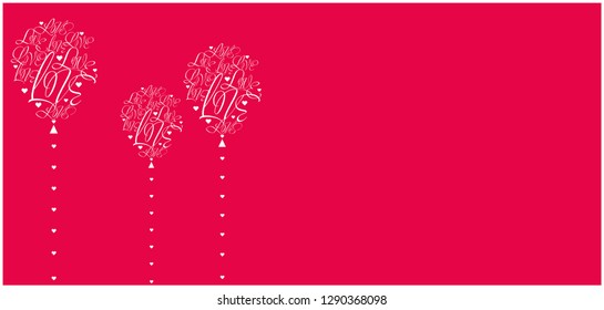 Vector illustration of balloons from calligraphic "love" on red background for Valentine`s Day cards, greetings, birthday party invitations, prints, posters, flyers, wedding design and decoration, web
