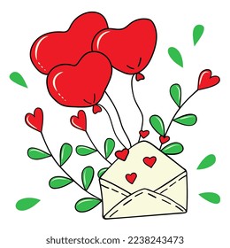 Vector illustration - balloons, an envelope with hearts, a plant with green leaves and a heart. Illustration for Valentine's Day, Valentine's Day, March 8. Doodle style.