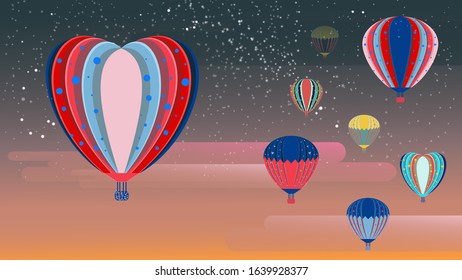 Vector illustration with balloons flying in the night sky. Colorful elements with gradient background