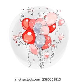 Vector illustration of balloons. Holiday, balloons, bow in bright colors. Print, Blank for designer, print, logo, label, print on print