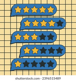 Vector illustration, balloons and icons of five stars symbolizing quality assessment, rating. Evaluation of a product or service in the style of the 80s and 90s.