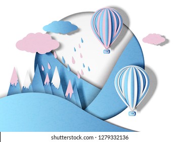 Vector illustration of balloons with multi-colored clouds and rain in minimal style. Paper cut.