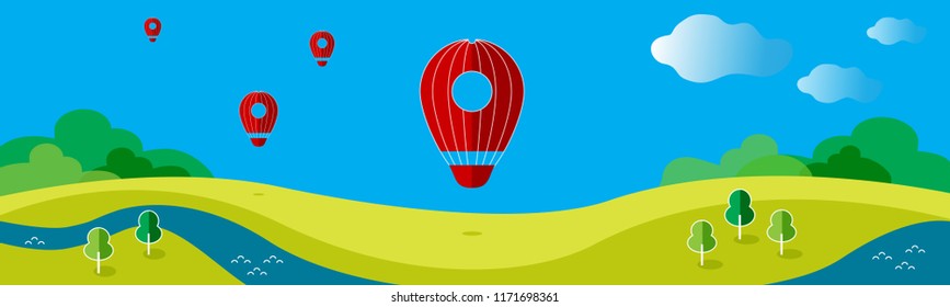 Vector Illustration with a balloons on the background of spring summer landscape. Facebook  web cover, web site page.