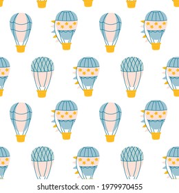 Vector illustration with balloons on a white background for printing on fabric, clothing, gift packaging, etc. A delicate seamless pattern with three types of balloons in blue, pink and yellow shades.