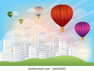 Vector illustration. Balloons over the morning city