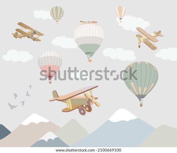 Vector illustration: balloons and planes, mountings and clouds. Wallpaper for nursery, for boys. Pastel colors
