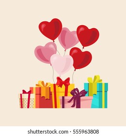 Vector illustration with balloons in the shape of heart and gift boxes for Valentine's Day 