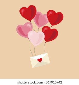 Vector illustration with balloons in the shape of heart ana love letter for Valentine's Day 