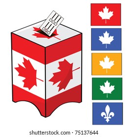 Vector illustration of a ballot box with the Canadian flag and different colors of votes (for the different parties in Canada)