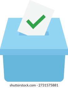 Ilustração vetorial de uma urna com um papel de voto marcado com um símbolo de verificação verde sendo inserido. Conceito de voto bem sucedido, aprovação de eleições, processo democrático e participação cívica.