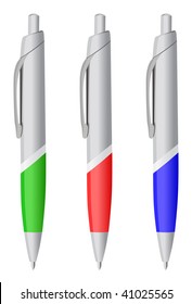 Ilustración vectorial de un balpoint (bolígrafo) en diferentes colores. Todos los objetos y detalles están aislados. El color de fondo blanco es fácil de ajustar/personalizar.
