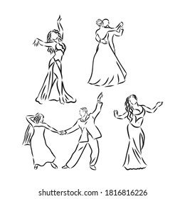Vector illustration of ballroom dancing couples, dancing, vector sketch illustration