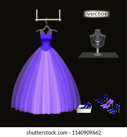 Vector illustration of a ballroom dressy long dress hanging on the shoulders of a festive hanging clothes at the prom, anniversary with shoes and jewelry in purple.