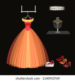 Vector illustration of a ballroom dressy long dress hanging on the shoulders of a festive hanging clothes at the prom, anniversary with shoes and decoration in red.
