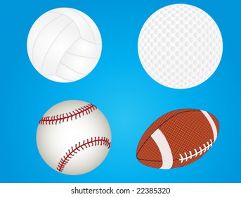 vector illustration of balls: beachball, golfball, baseball, football