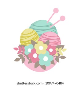 Vector illustration of balls of yarn and knitting needles in basket isolated on white background. Cute Vector card for knitting with flowers. Design elements for handmade.