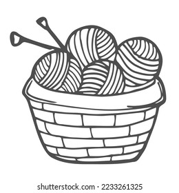 Vector illustration of balls of yarn in knitting basket. Can be used as a sticker, icon, logo, design template, coloring page