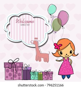 Vector Illustration with baloons and gifts and girl. Cartoon template with place for your text. Card for baby shower, birth announcement or birthday invitation.