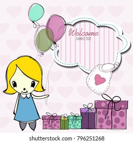 Vector Illustration with baloons and gifts and girl. Cartoon template with place for your text. Card for baby shower, birth announcement or birthday invitation.