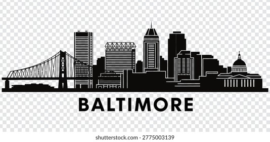 Vector illustration of Baltimore city skyline silhouette. Detailed urban landscape of Baltimore, Maryland, featuring iconic buildings and landmarks.