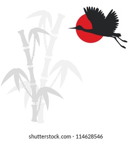 Vector illustration with bamboo branches and flying crane bird