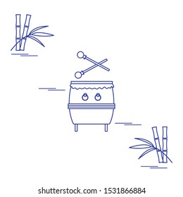 Vector illustration with bamboo, drum. Chinese folk percussion instrument. Traditional attributes national holidays of Asia. Culture of Korea, Japan, China. Happy new year 2020. Design for print.