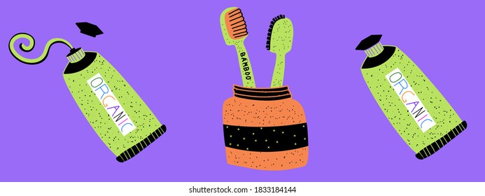 vector illustration bamboo eco toothbrushes in a cup and toothpaste tube. Biodegradable organic dental teeth items in the bathroom. Zero waste and sustainable consumption concept. Free hand style sticker