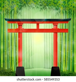 Vector illustration of Bamboo forest with red Japanese gate