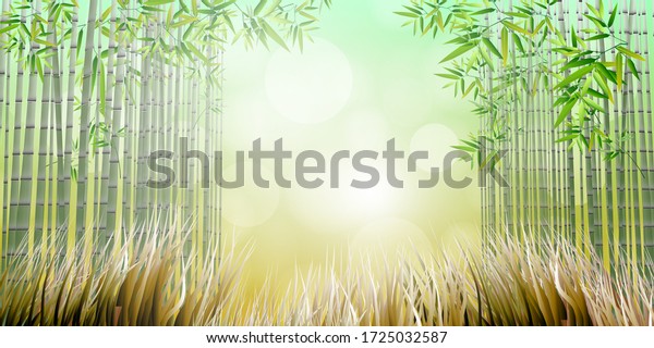 Vector - Illustration of Bamboo garden with Dry meadow on sunny day